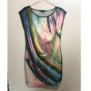 Womens Watercolor Dress Sz 2 Forenza Sheath Runs Large Poly Spandex Lined